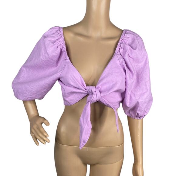 Express x Rocky Barnes Pastel Purple Linen Cotton Tie Front Crop Top SZ S - Picture 5 of 11